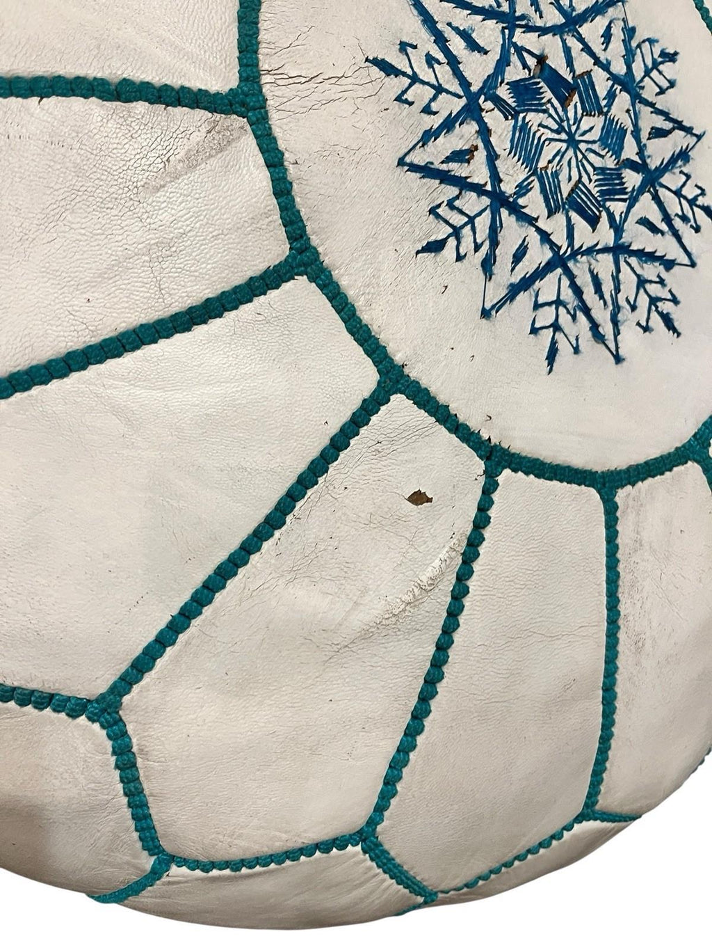 White leather moroccan pouffe 55×35 cm ottoman with turquoise stitching