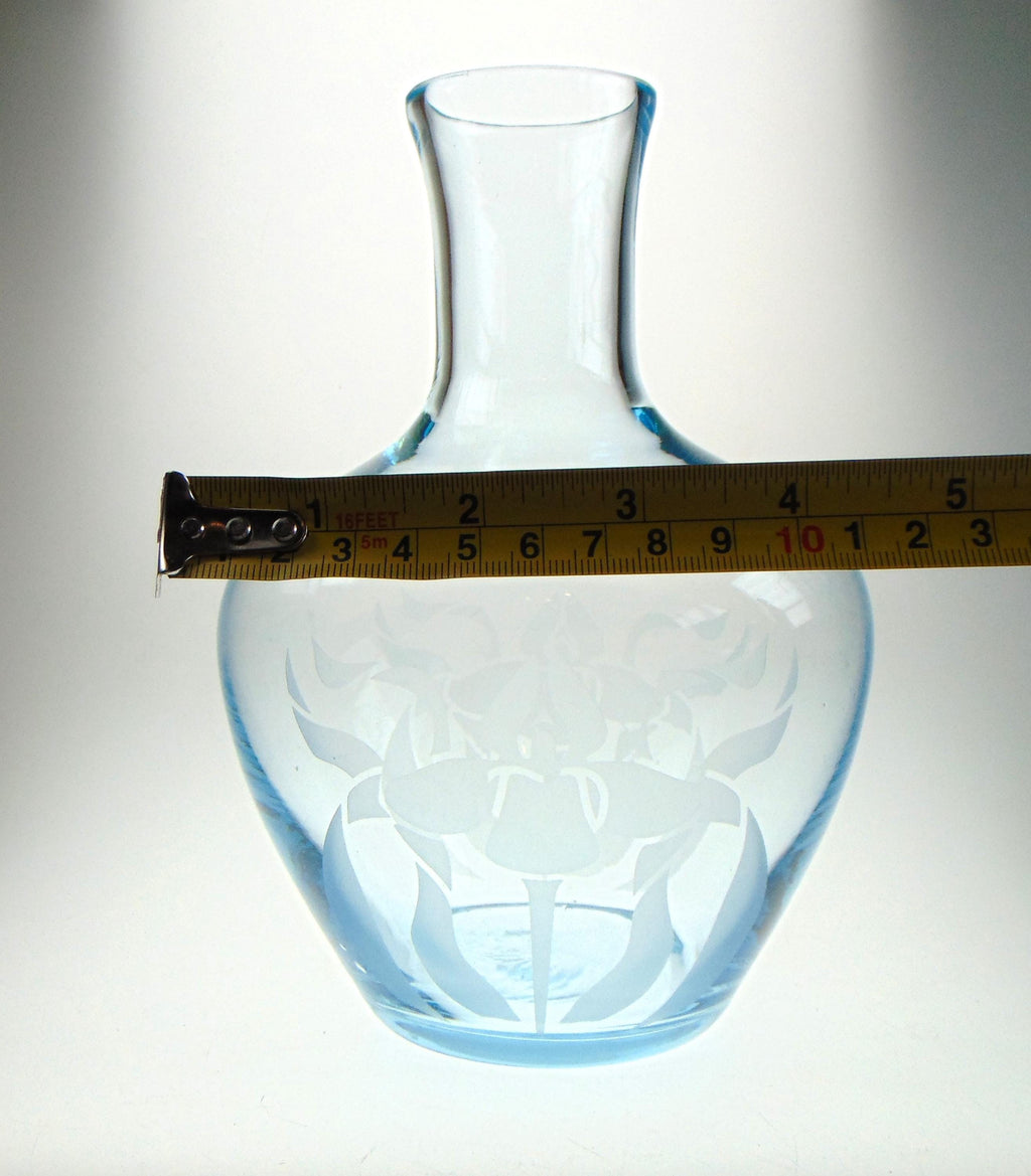 Vintage Ice Blue Glass Flower Vase: Acid Etched Floral Motif