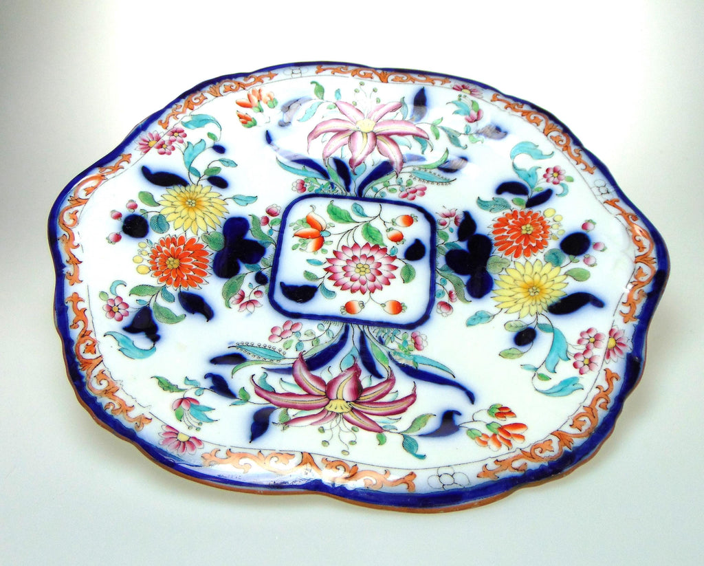Antique Chinese Pattern Plate in Red, Blue, Yellow, Green and White. Decorative Collectors Plate