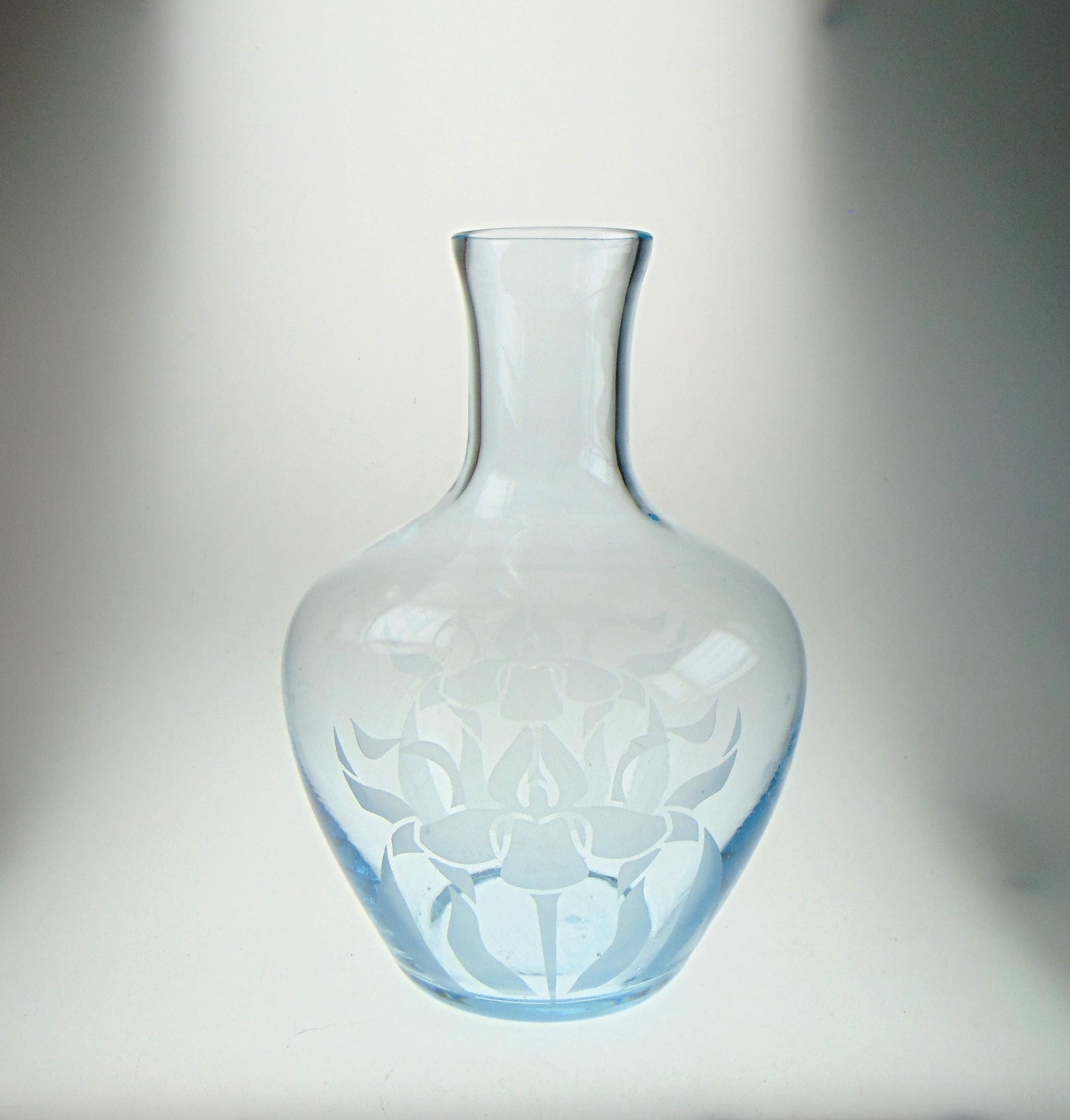Vintage Ice Blue Glass Flower Vase: Acid Etched Floral Motif