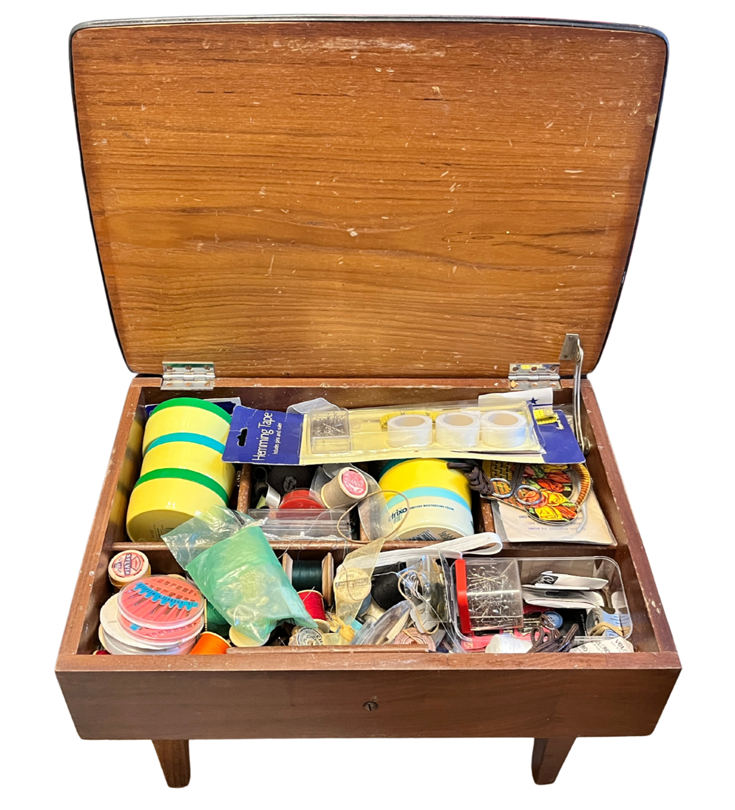 Vintage Wooden Sewing Box Stool / Ottoman With Storage & Full Vintage Contents