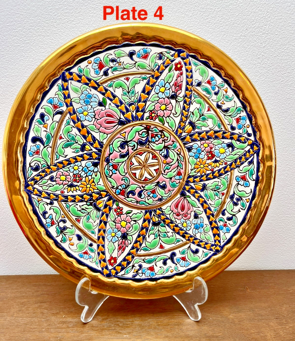 Vintage Spanish Folk Art Wall Plates Gold Hand Painted Floral Ceramic Wall Plate
