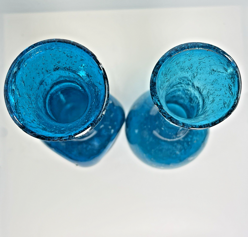 Pair of Egyptian Blue Recycled Glass Bud Vases – Hand Blown Textured Single Stem
