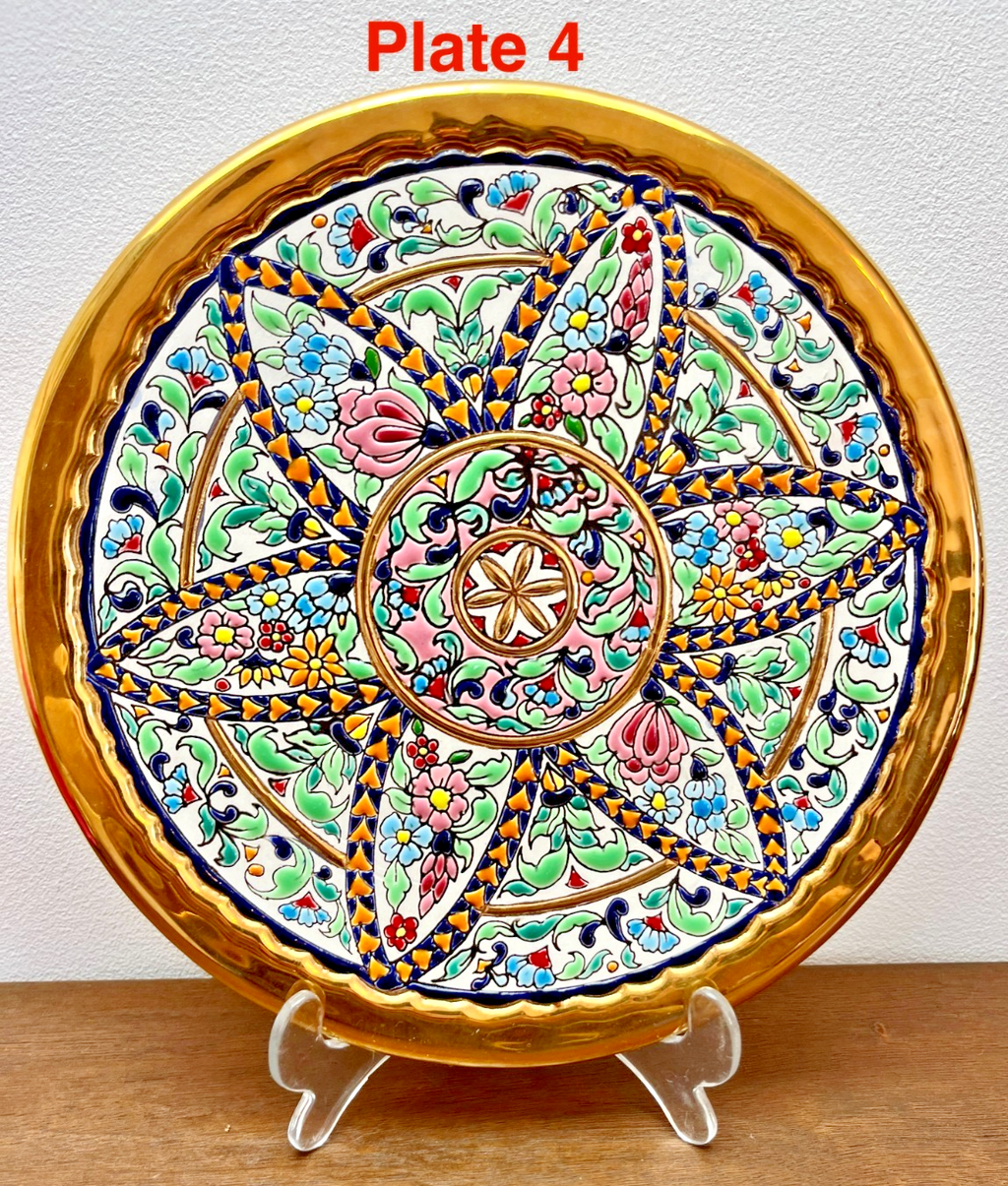 Vintage Spanish Folk Art Wall Plates Gold Hand Painted Floral Ceramic Wall Plate