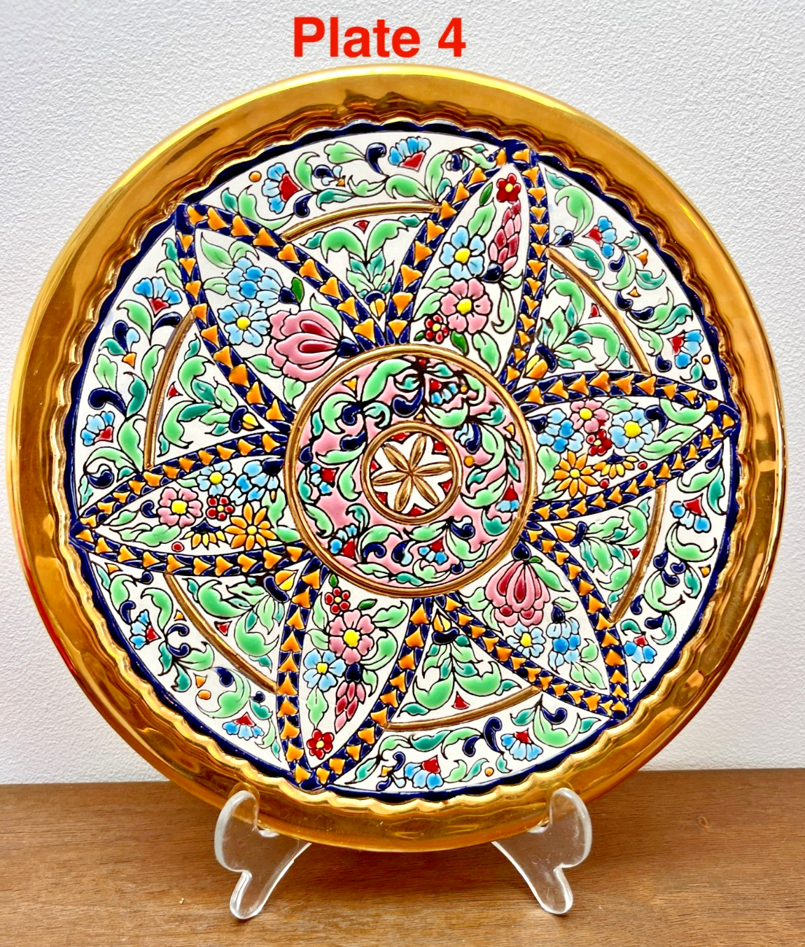 Vintage Spanish Folk Art Wall Plates Gold Hand Painted Floral Ceramic Wall Plate