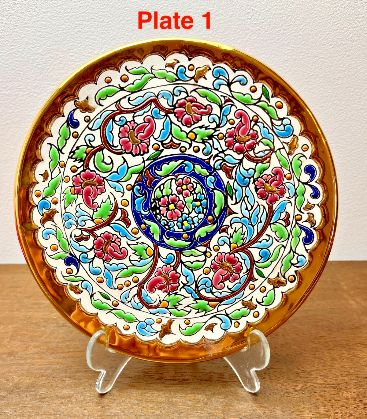 Vintage Spanish Folk Art Wall Plates Gold Hand Painted Floral Ceramic Wall Plate