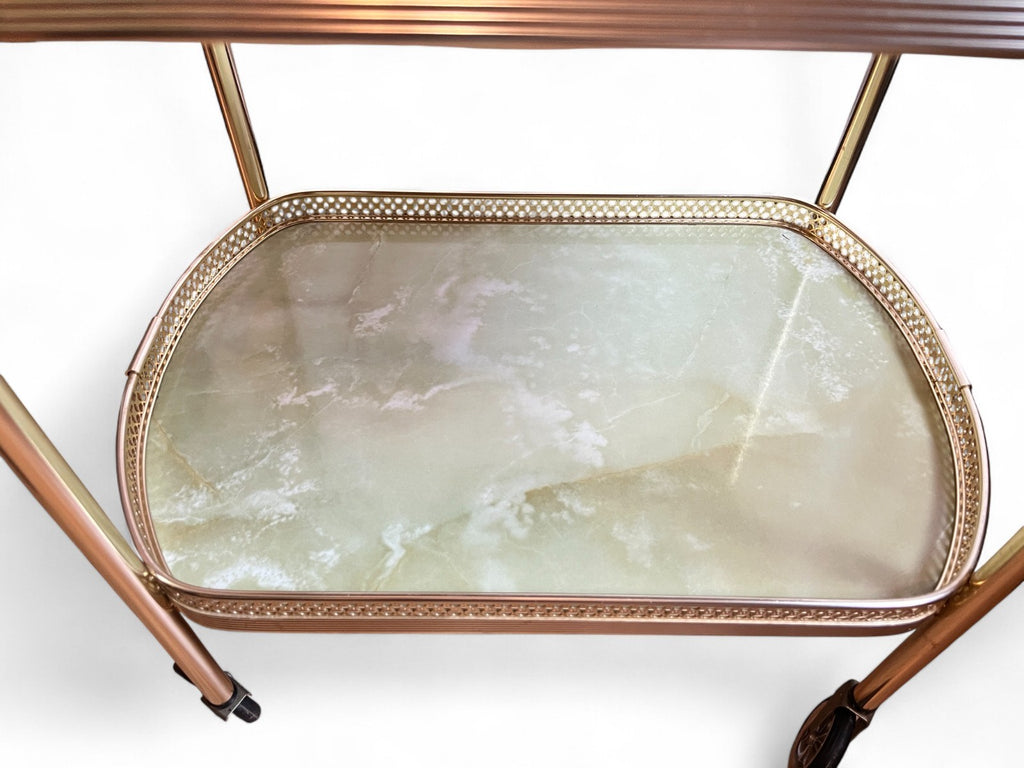 Vintage Gold Metal Bar Cart with Faux Marble Shelves  2 Tier Drinks Trolley