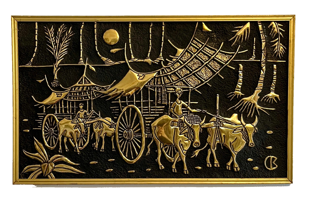 Pair of 1960s Mid-Century Faux Brass Wall Plaques – Asian Ox Cart Village Scene