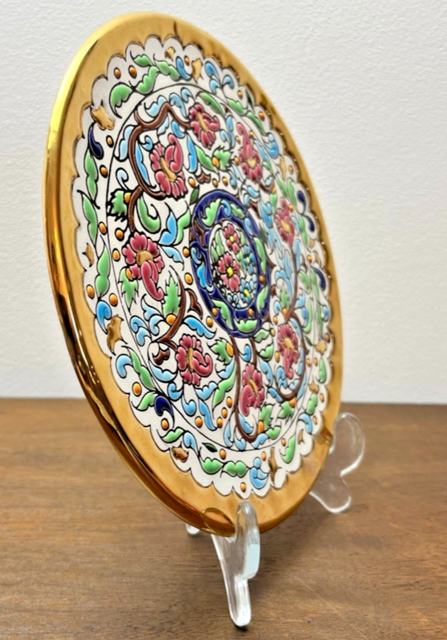 Vintage Spanish Folk Art Wall Plates Gold Hand Painted Floral Ceramic Wall Plate