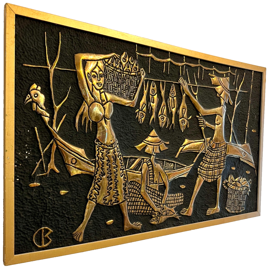 Pair of 1960s Mid-Century Faux Brass Wall Plaques – Asian Ox Cart Village Scene