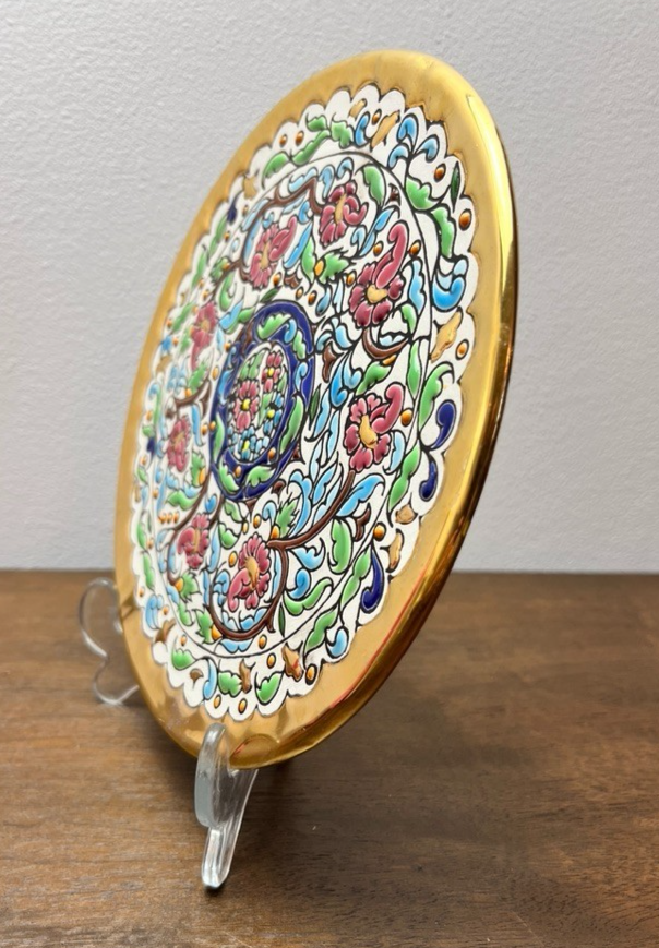 Vintage Spanish Folk Art Wall Plates Gold Hand Painted Floral Ceramic Wall Plate