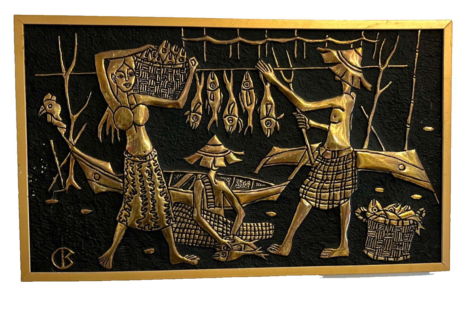 Pair of 1960s Mid-Century Faux Brass Wall Plaques ā Asian Ox Cart Village Scene