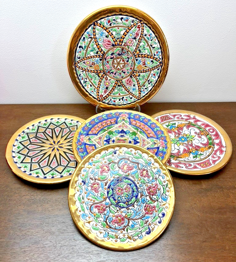 Vintage Spanish Folk Art Wall Plates Gold Hand Painted Floral Ceramic Wall Plate