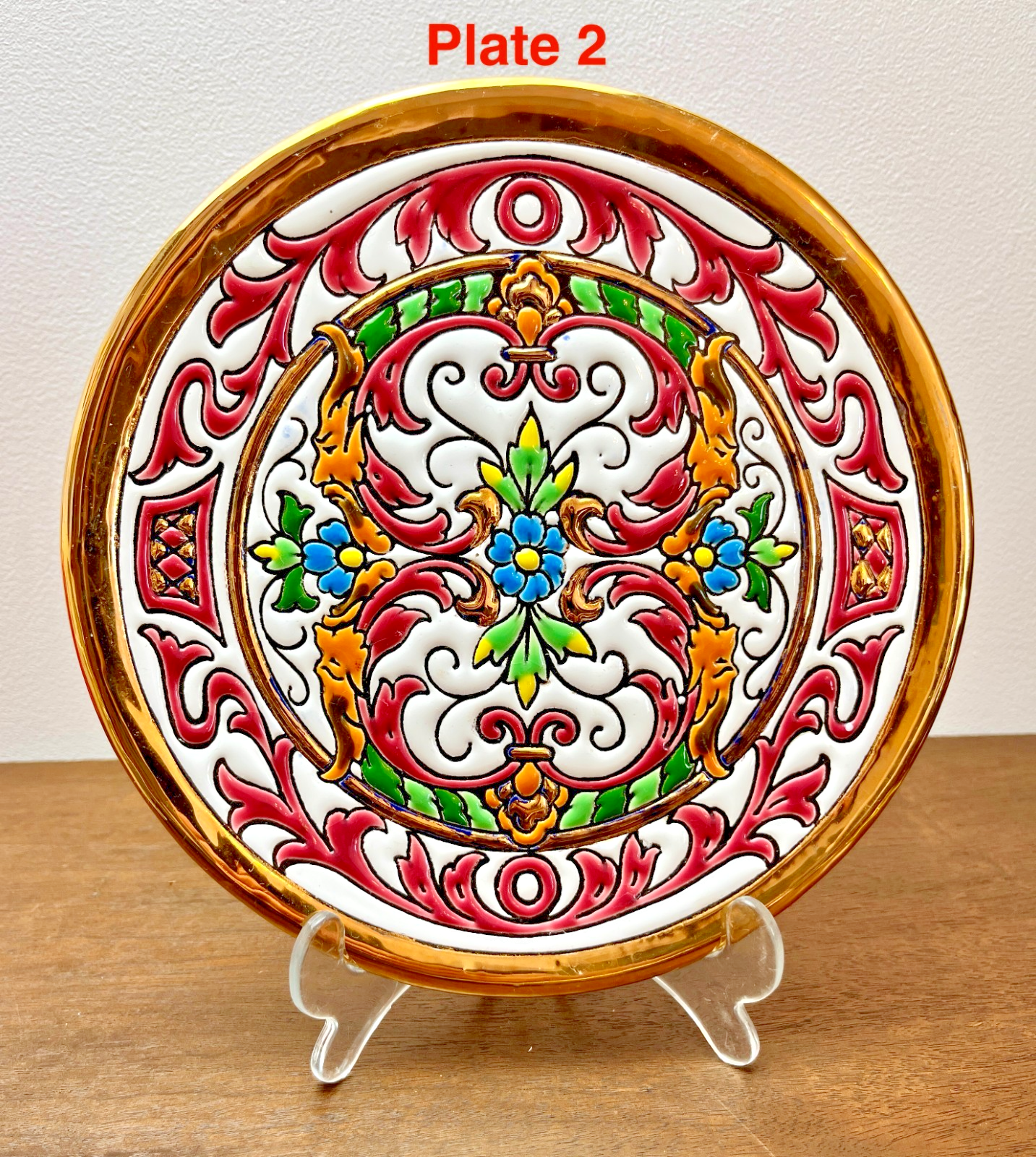 Vintage Spanish Folk Art Wall Plates Gold Hand Painted Floral Ceramic Wall Plate