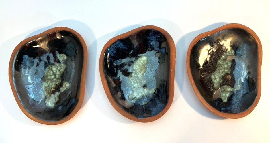 Vintage blue & green glazed terracotta trinket dish trio – handmade set