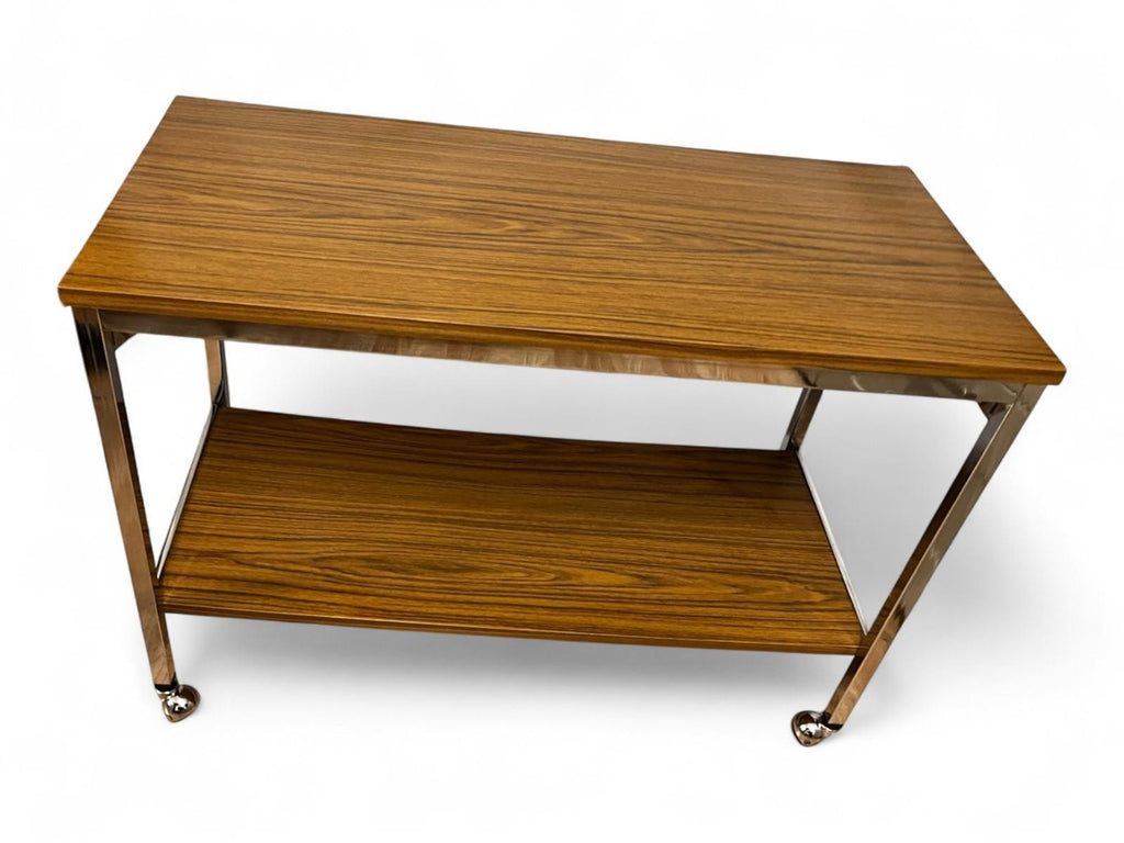 Mid Century Chrome & Teak Effect Side Table / Drinks Trolley on Castors 80cm