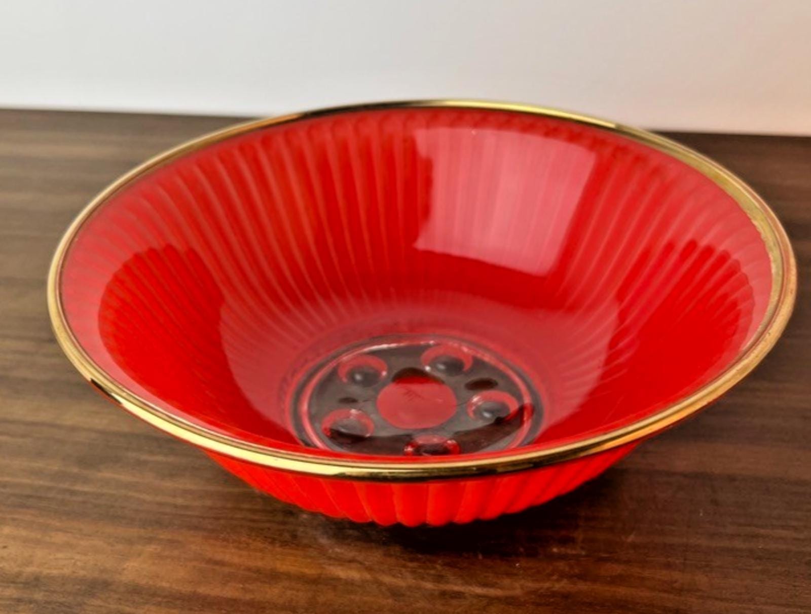 1950s Serving Bowl in Red & Clear Glass. Rippled Glass Pattern