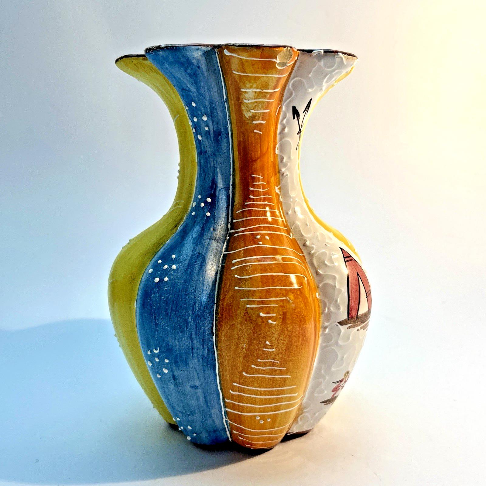 1956 Italian Vase in Ceramic with Camping Scene H16.5cm Mid Century Vintage