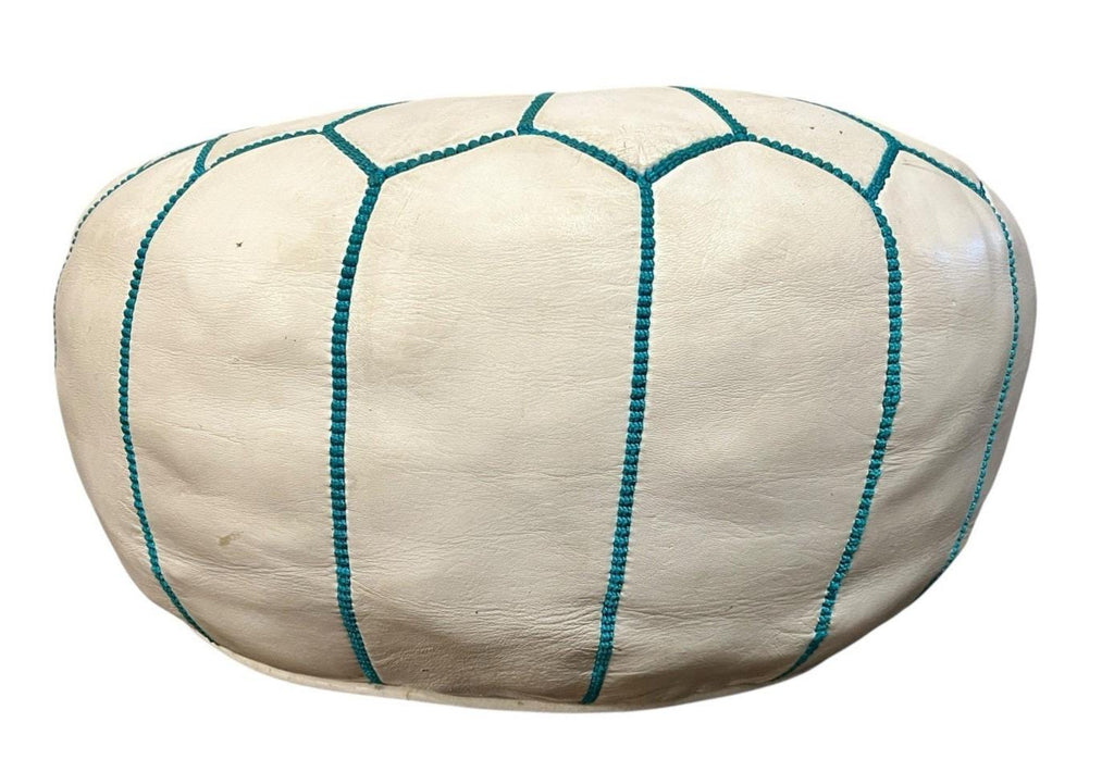 White leather moroccan pouffe 55×35 cm ottoman with turquoise stitching
