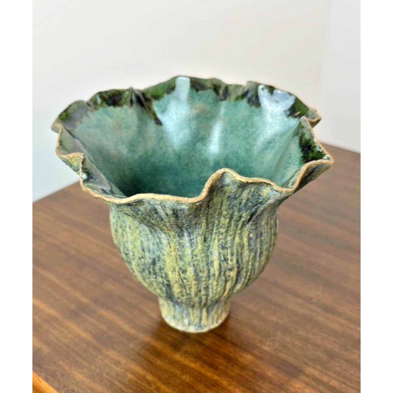 Signed handmade ikebana vase, vintage handkerchief pottery vase green sculptural