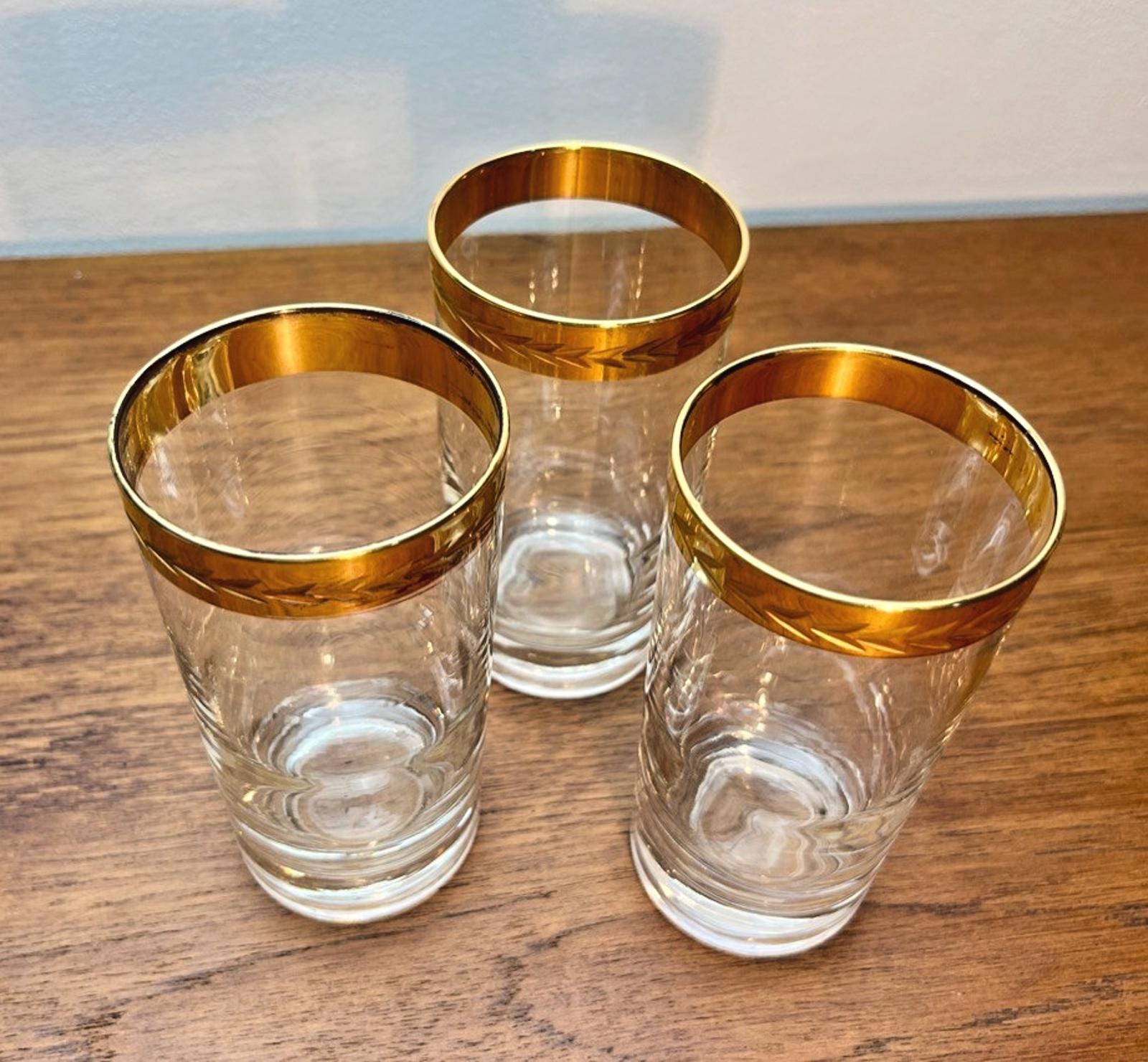 Set of 3 Vintage Retro Highball Glasses with 22ct Style Gold Rim, Barware