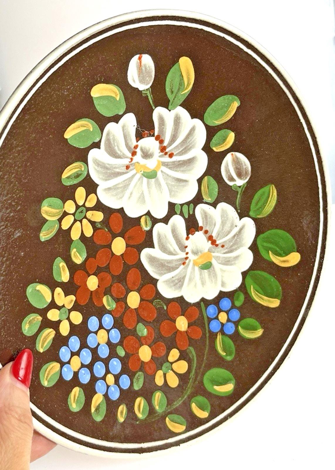 Vintage Decorative Wall Plate, Hand Painted Floral Detail on Pottery