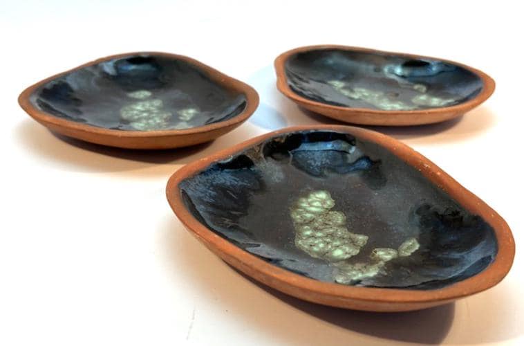 Vintage blue & green glazed terracotta trinket dish trio – handmade set