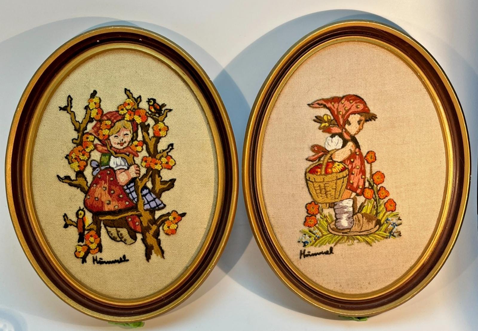 1970s Hummel Embroidery Framed Pictures. Vintage Needlepoint, German Wall Art
