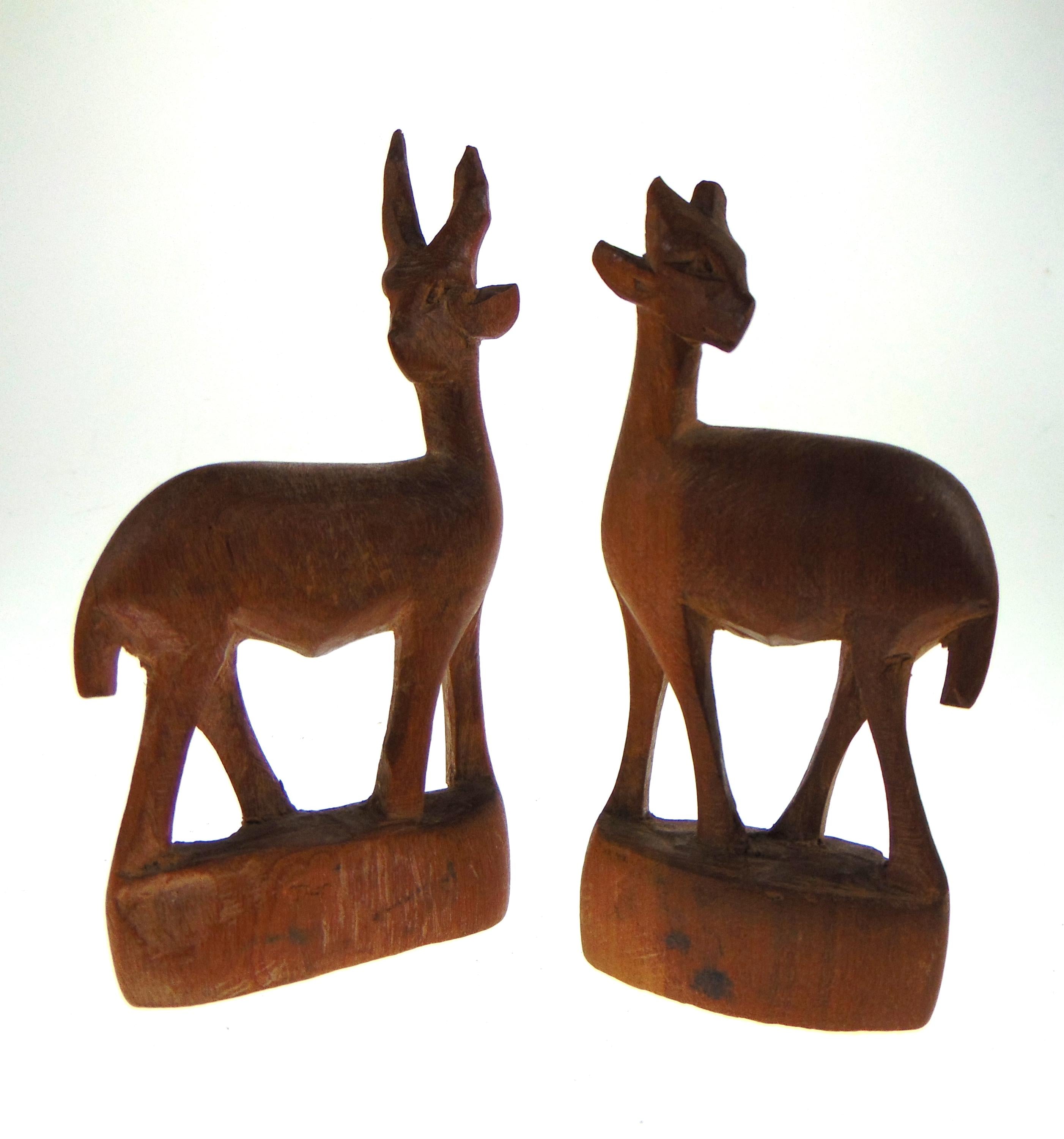 Vintage African Wood Carved Antelope Pair: Mid-Century Animal Decor