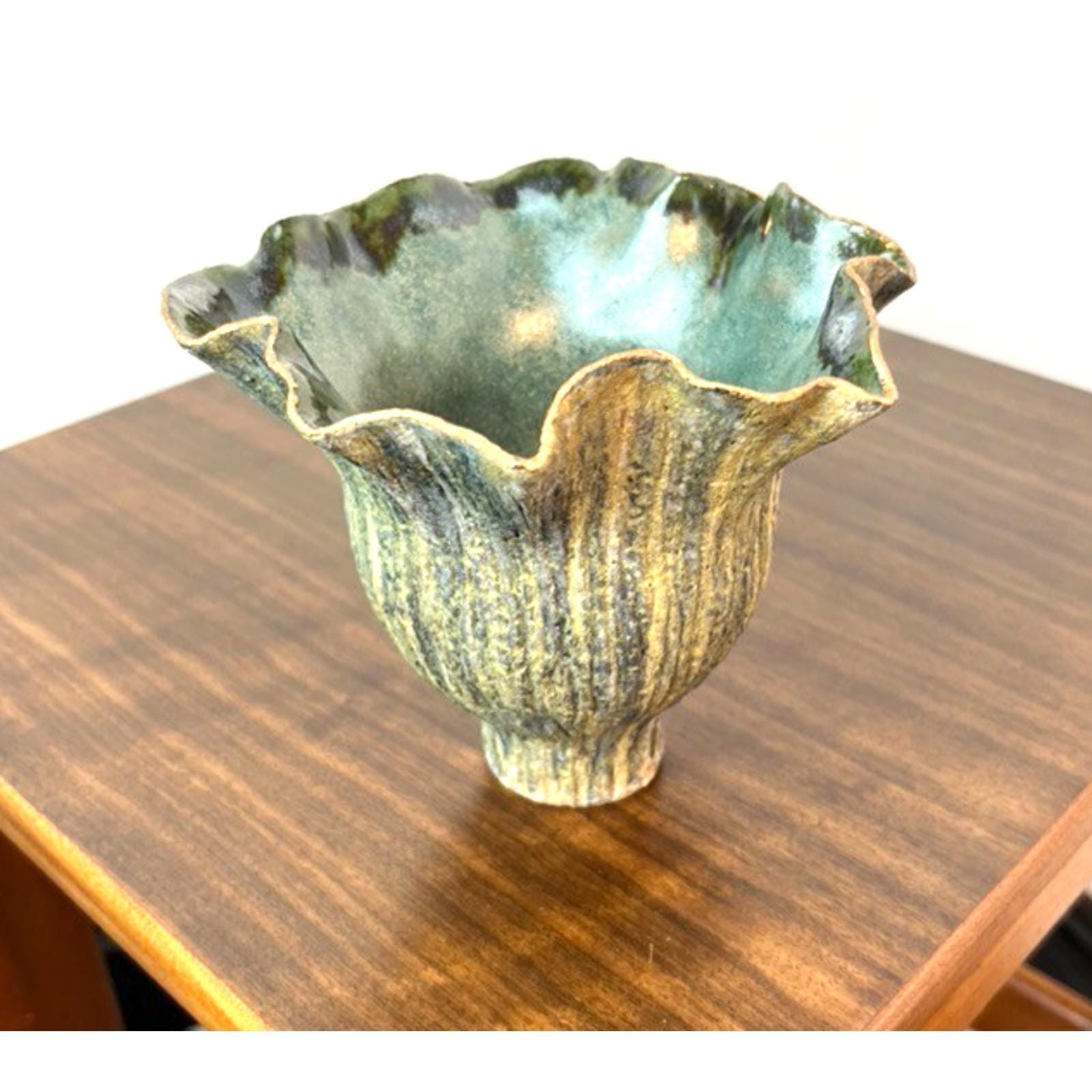 Signed handmade ikebana vase, vintage handkerchief pottery vase green sculptural
