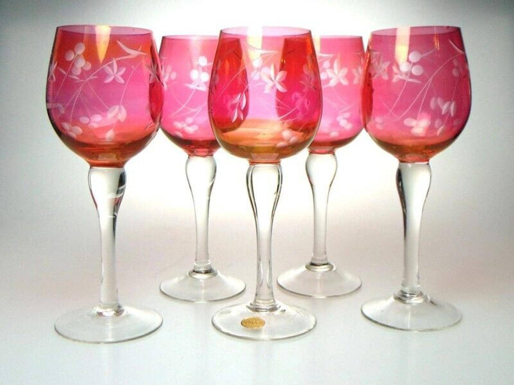 5 Mid Century Crystal Wine Glasses in Cranberry Glass with Etched Floral Detail