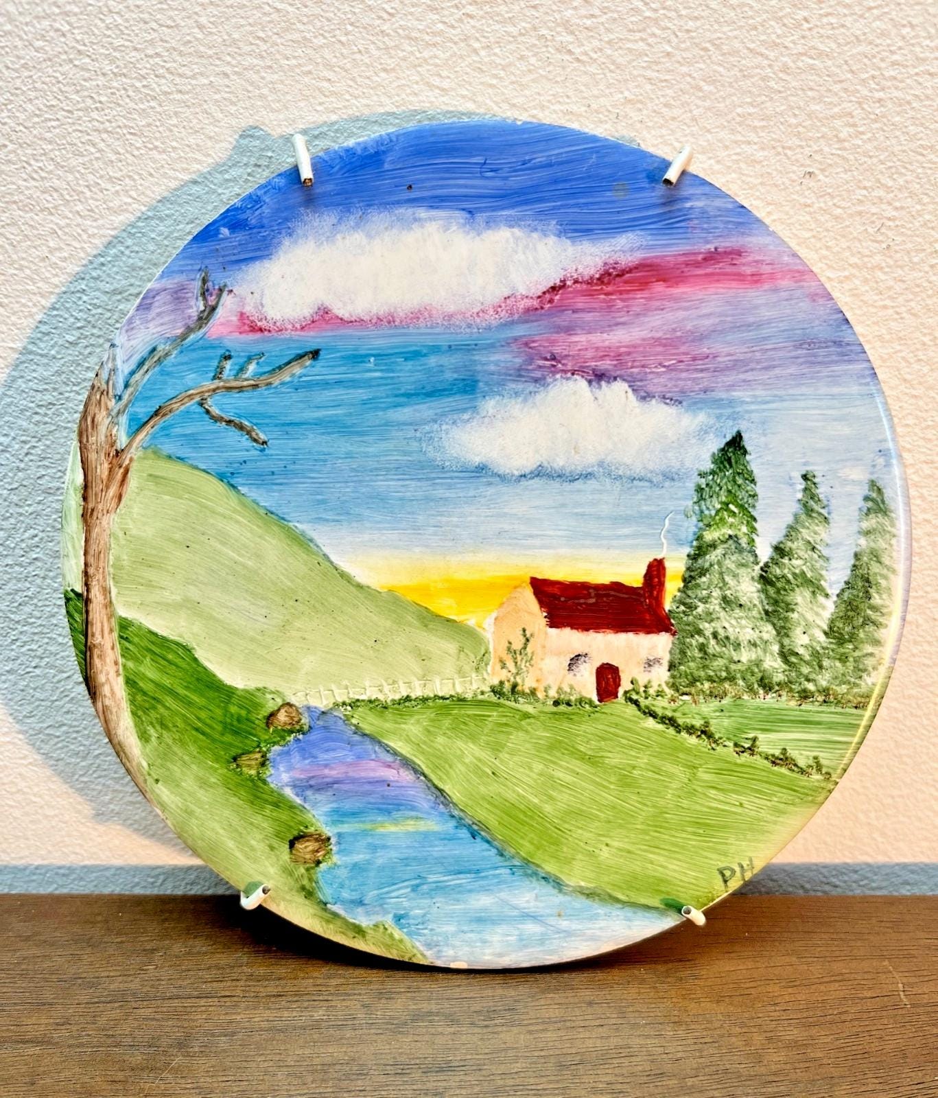 Hand Painted Decorative Plate Countryside Scene River Cottage PH Signed 27cm