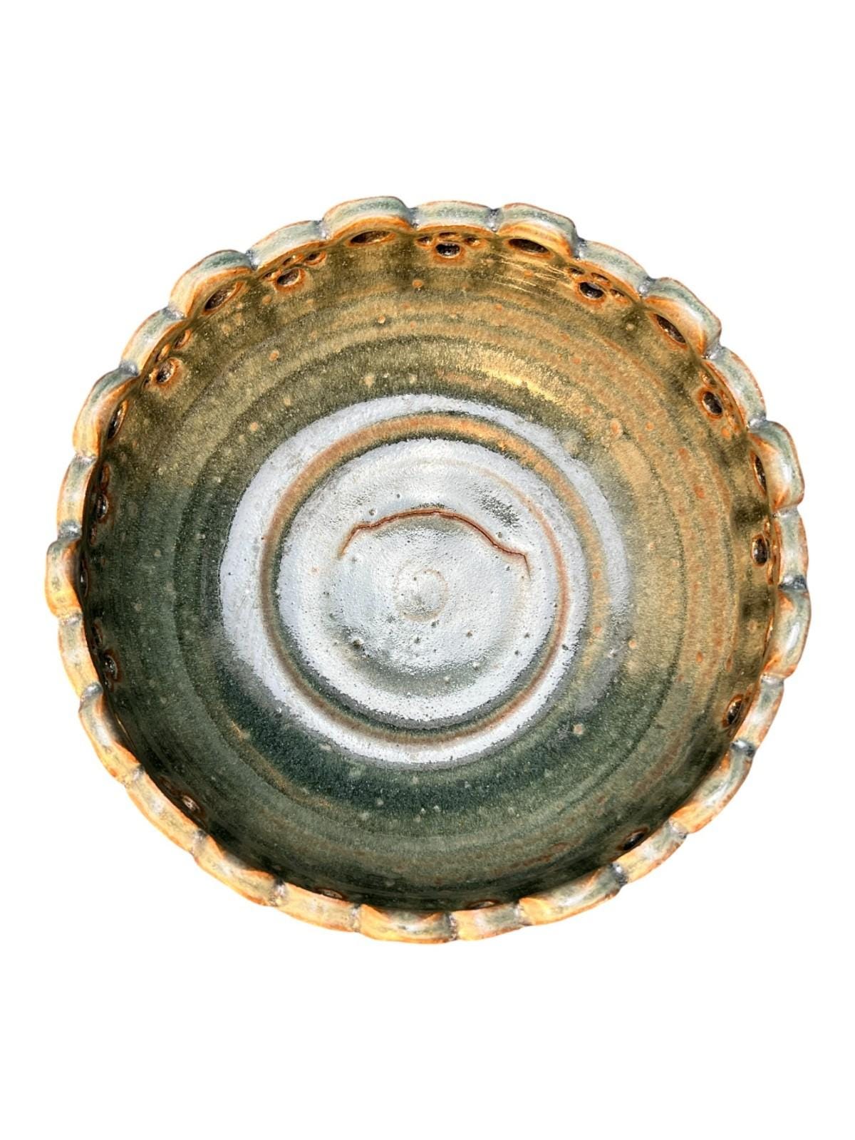 Studio Pottery Bowl Green Celadon Glaze Pierced Rim Signed Syl Macro 20cm Width