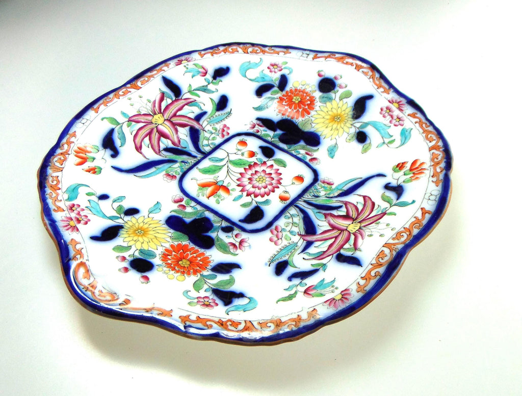 Antique Chinese Pattern Plate in Red, Blue, Yellow, Green and White. Decorative Collectors Plate