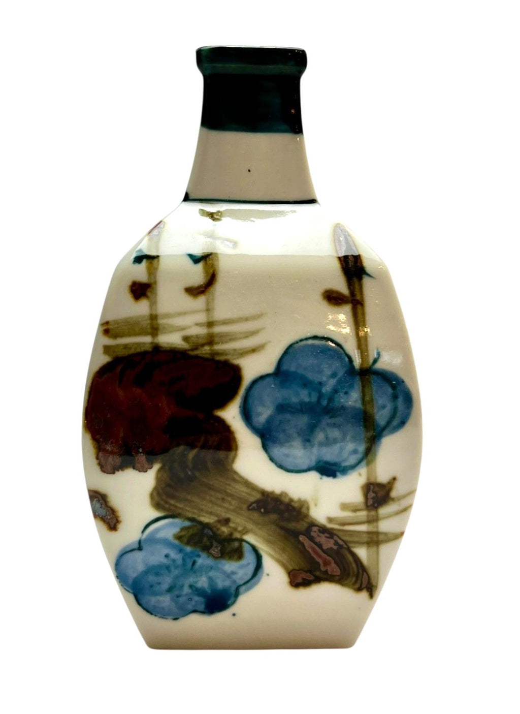 Japanese porcelain sake bottle square 14cm hand painted floral in blue/brown. Antique decorative bottle or vase
