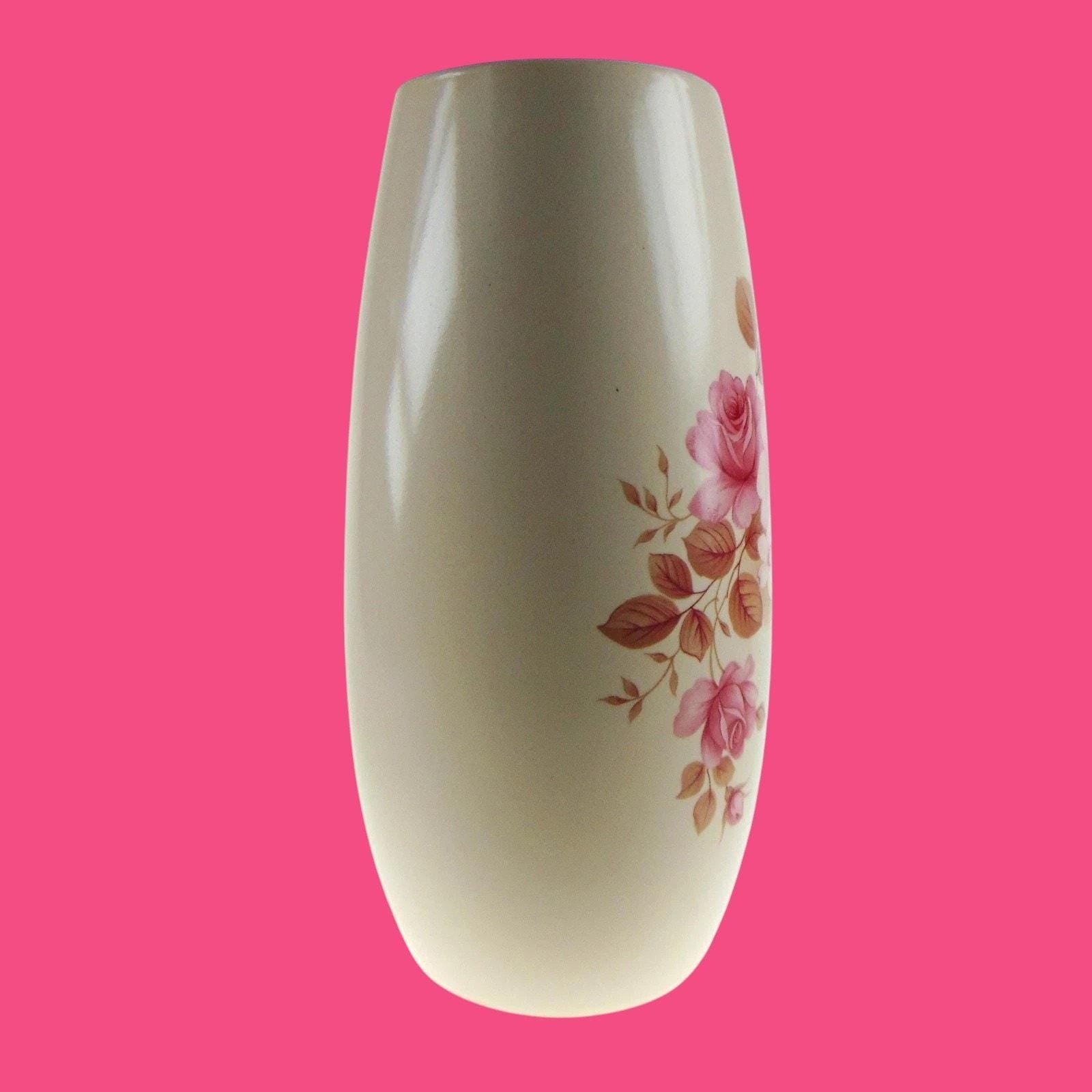 Vintage New Devon Pottery Vase – 1950s Pink & Cream Floral Ceramic Flower Vase