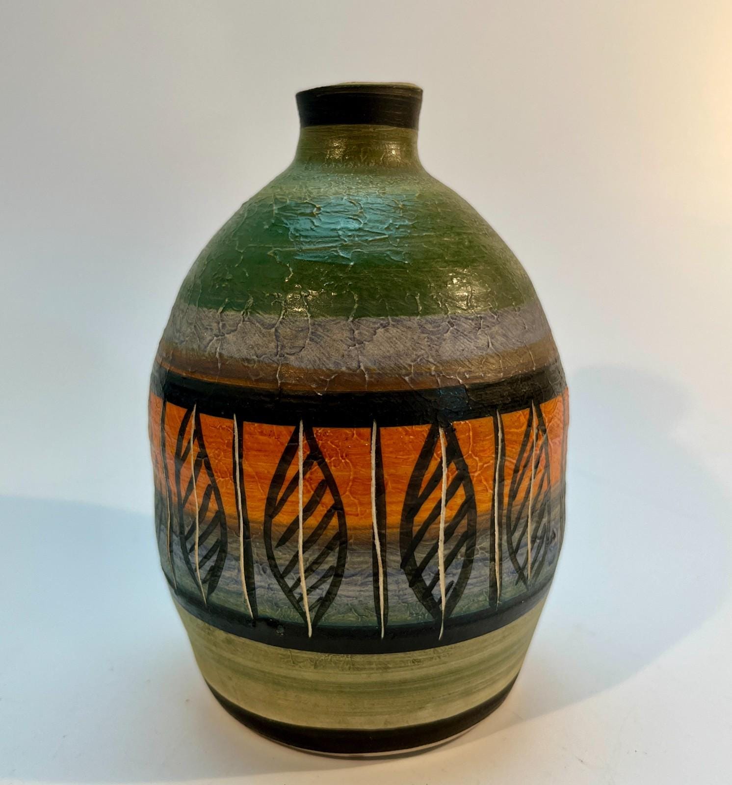 Vintage Langdale Pottery Vase Studio Art Pottery Mid Century Geometric Leaf