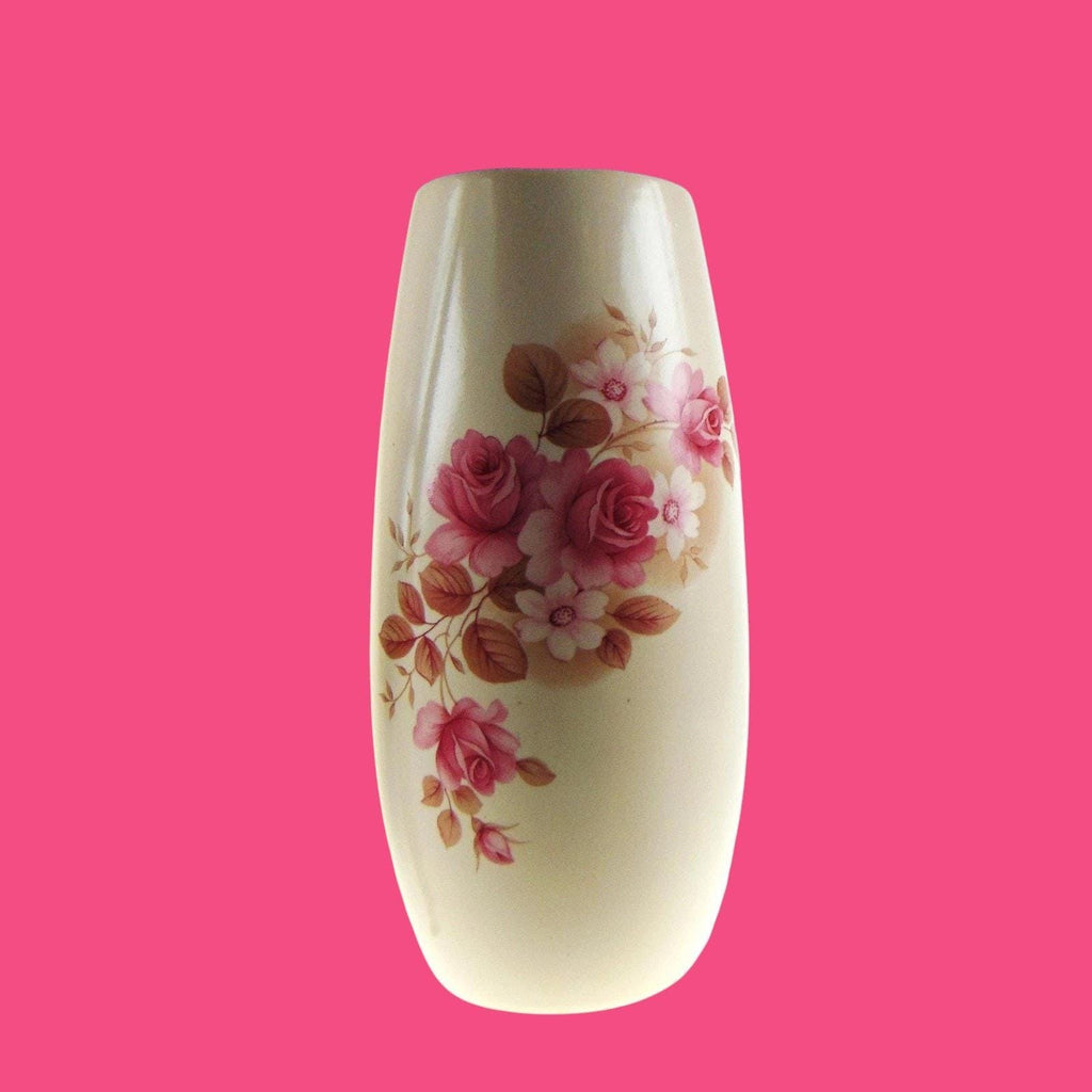 Vintage New Devon Pottery Vase – 1950s Pink & Cream Floral Ceramic Flower Vase