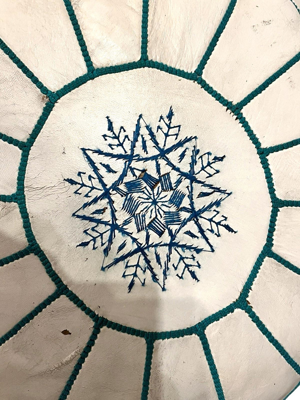 White leather moroccan pouffe 55×35 cm ottoman with turquoise stitching