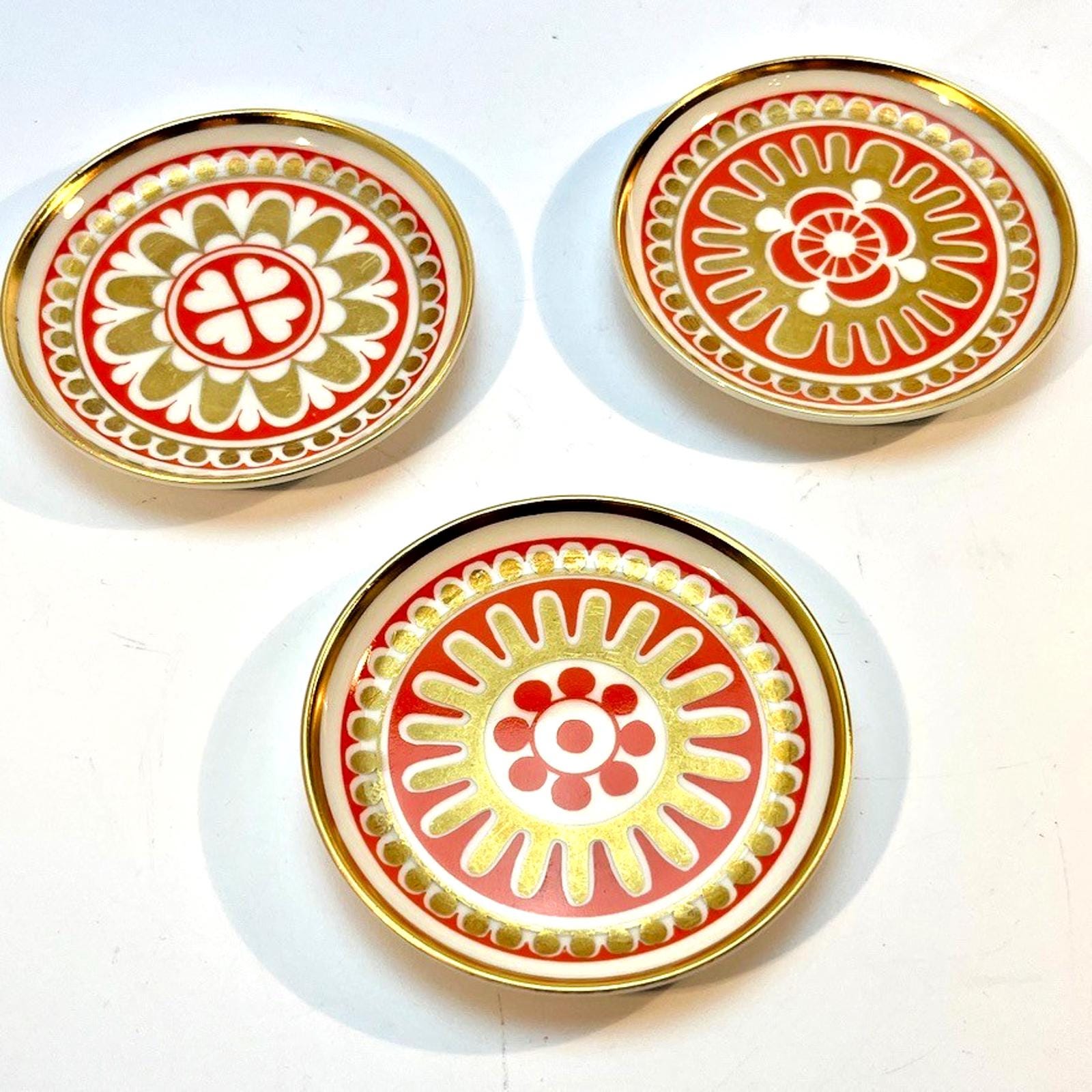 Vintage Porsgrund Porcelain Coasters Norway Set of 3 Rare Pattern 71 Orange VGC