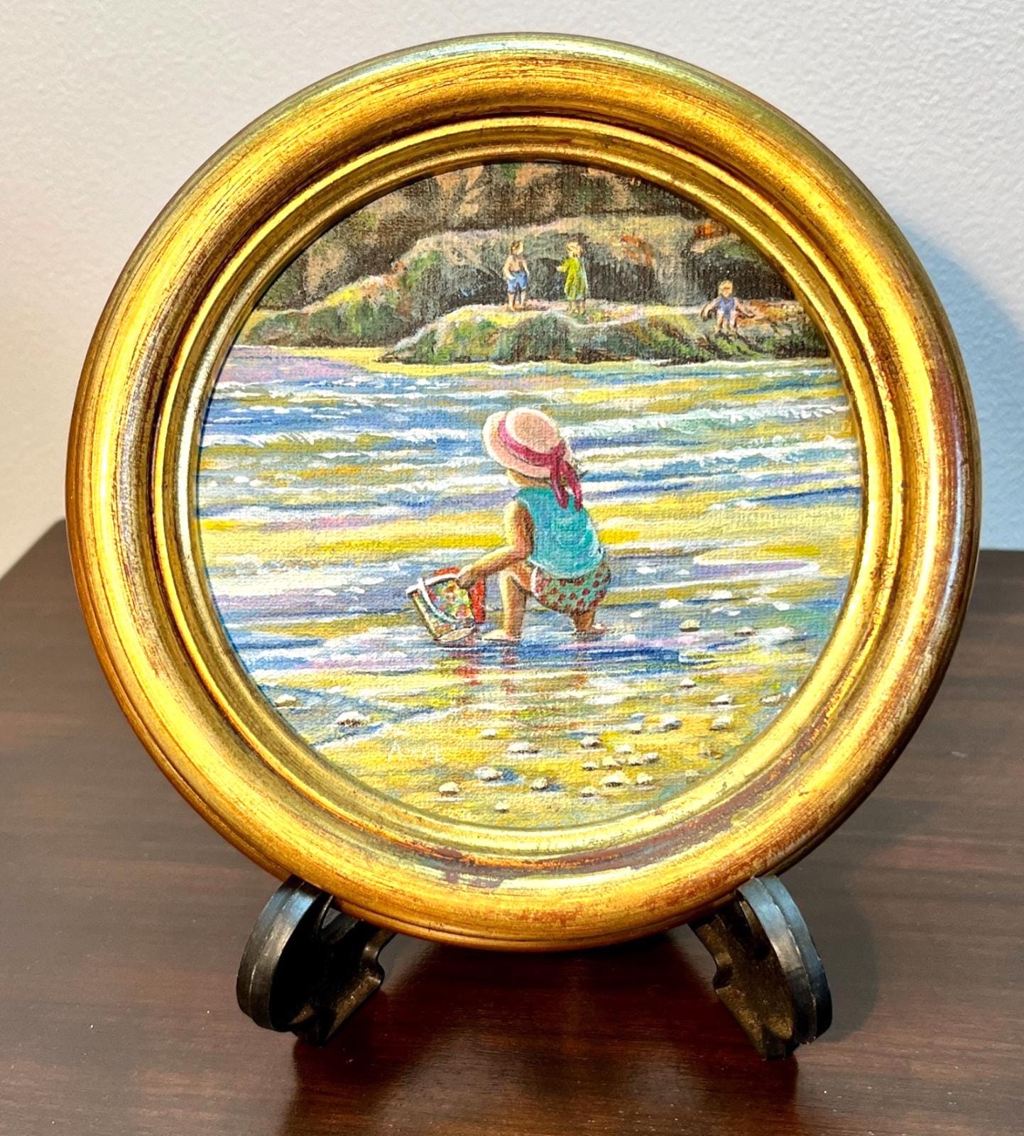 Anne Wallace Original Painting Girl at Beach Gold Frame Signed North East Artist