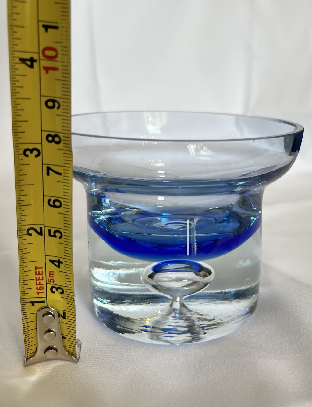 Vintage Krosno Crystal Candle Holder Cobalt Blue Clear Glass Trapped Bubble 10cm