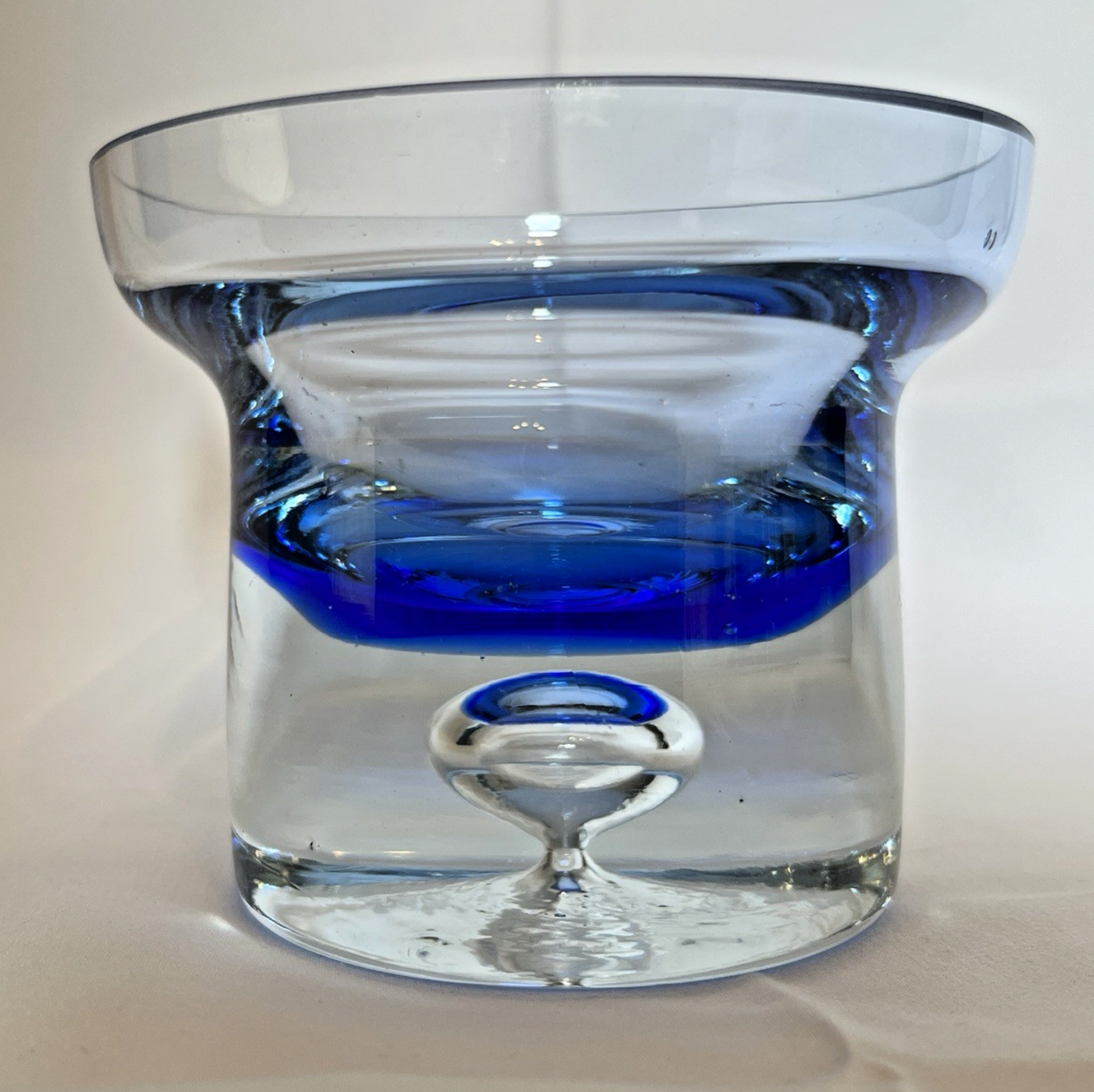 Vintage Krosno Crystal Candle Holder Cobalt Blue Clear Glass Trapped Bubble 10cm