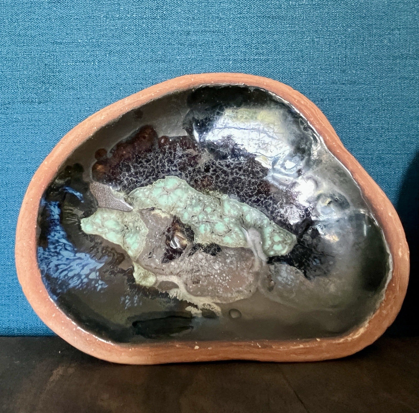 Set of 3 Studio Pottery Enamel Dishes Blue Glazed Trinket Bowls Organic Shape