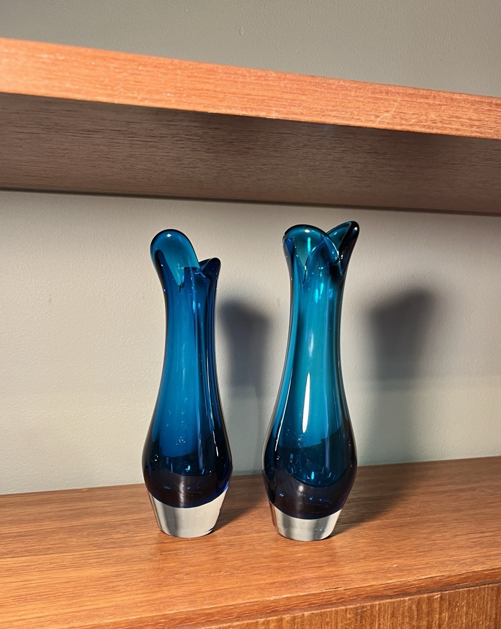 Whitefriars  Beak Vases Pair in Kingfisher Blue Mid Century Art Glass