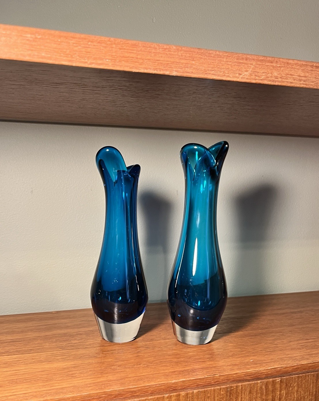 Whitefriars  Beak Vases Pair in Kingfisher Blue Mid Century Art Glass