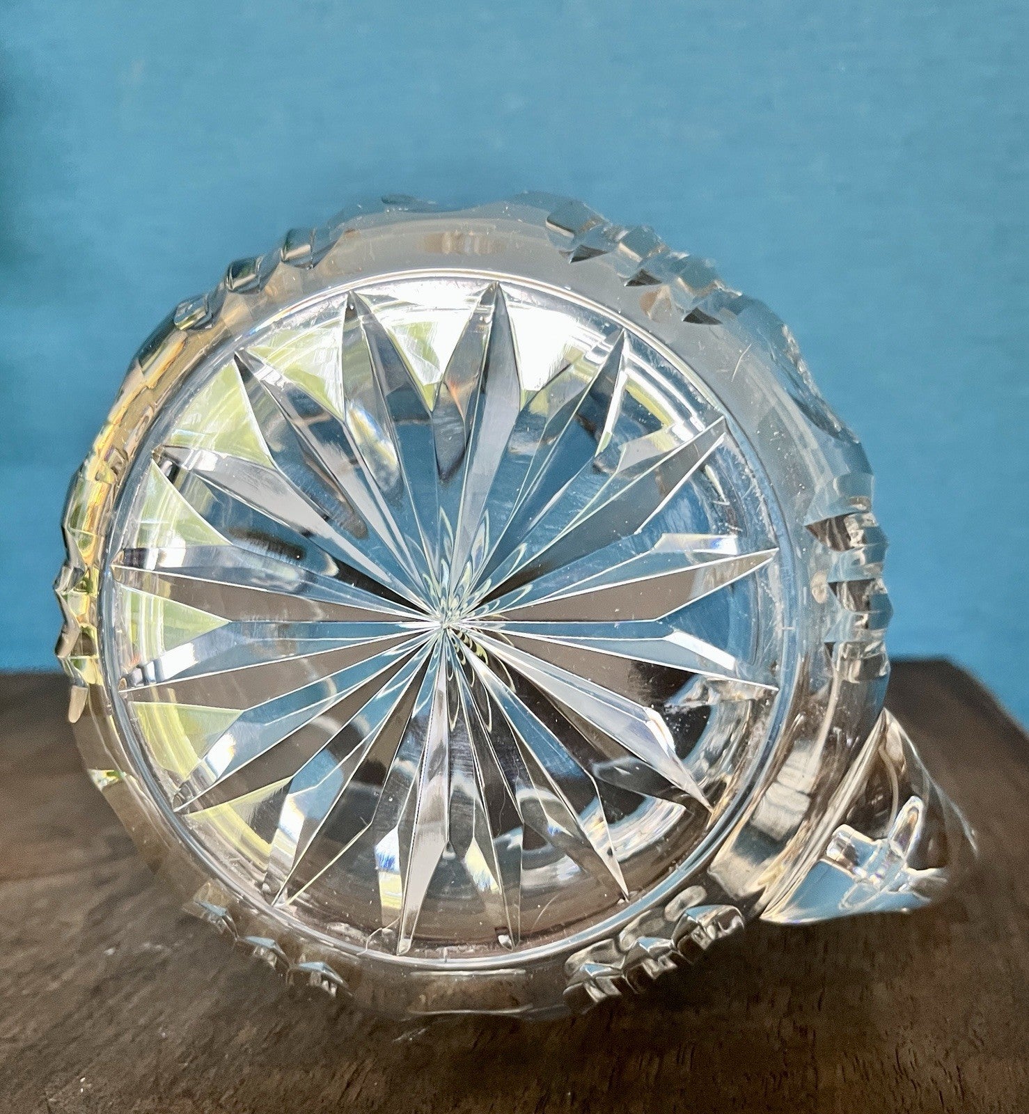 Heavy Cut Crystal Water Jug Pitcher Starburst Base Vintage Lead Crystal 19cm
