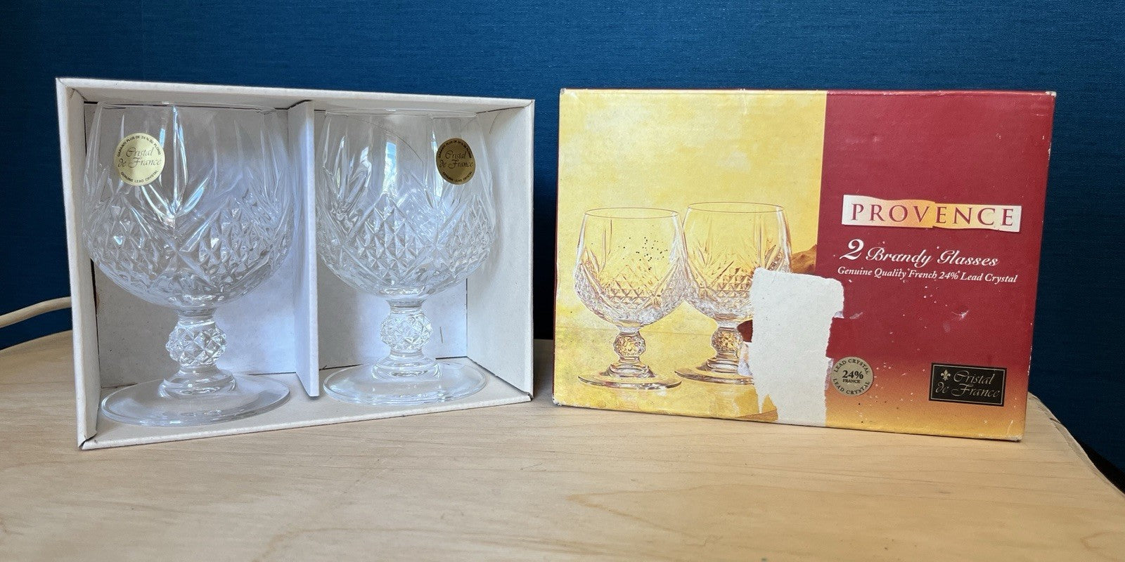 Pair Cristal De France Lead Crystal Brandy Glasses Boxed Unused 12cm