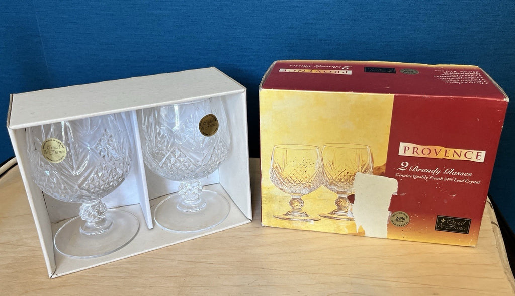Pair Provence Cristal De France Lead Crystal Brandy Glasses Boxed Unused