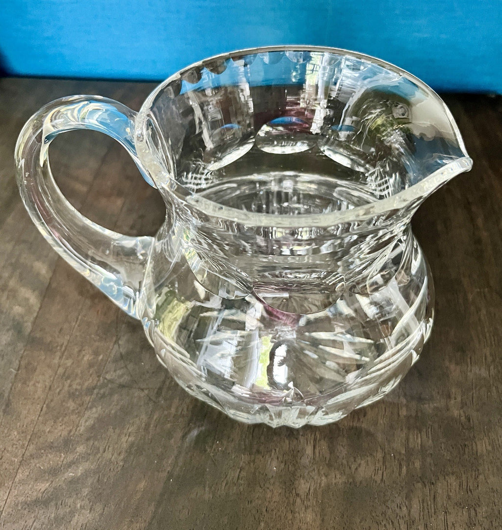 Heavy Cut Crystal Water Jug Pitcher Starburst Base Vintage Lead Crystal 19cm